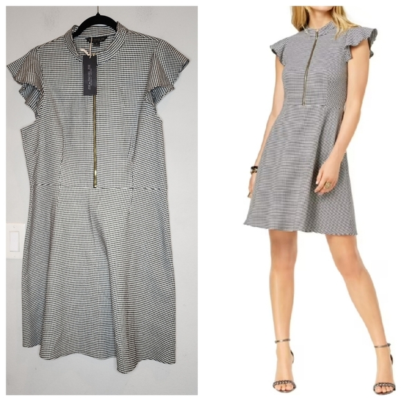 NWT Rachel Zoe Flutter Sleeve A-Line Dress Black White Plaid Houndstooth Size 14 - Picture 7 of 15